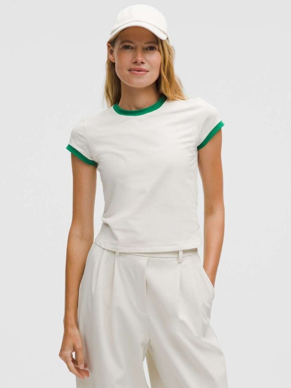 Lululemon Organic Cotton Ringer Baby Tee - Light Ivory / Raceway Green - Size S